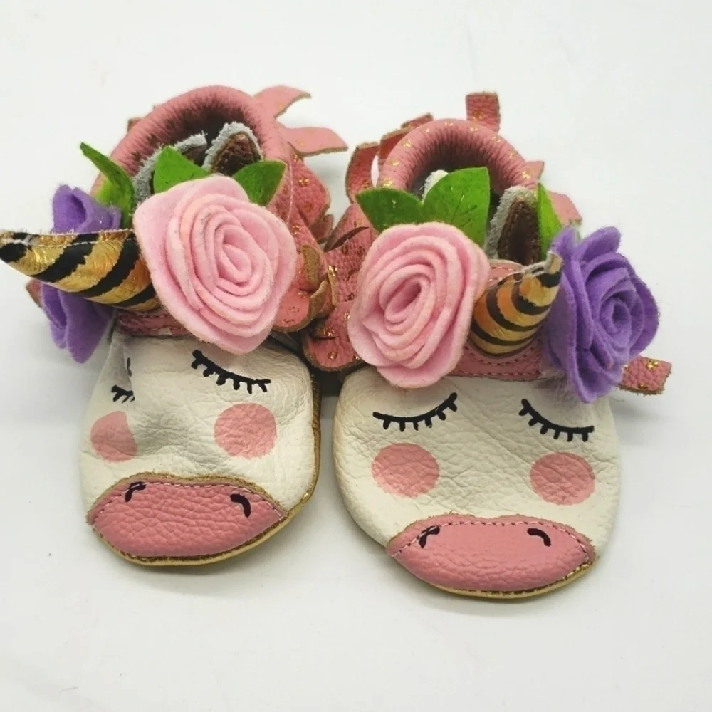 UNICORN baby slippers leather upper leather lining white pink felt flower fringe